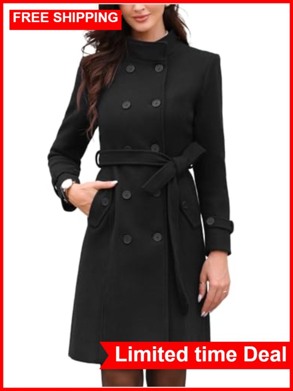 Women's Mid-Length Double-Breasted Pea Coat with Belt, Fully Lined, 100%